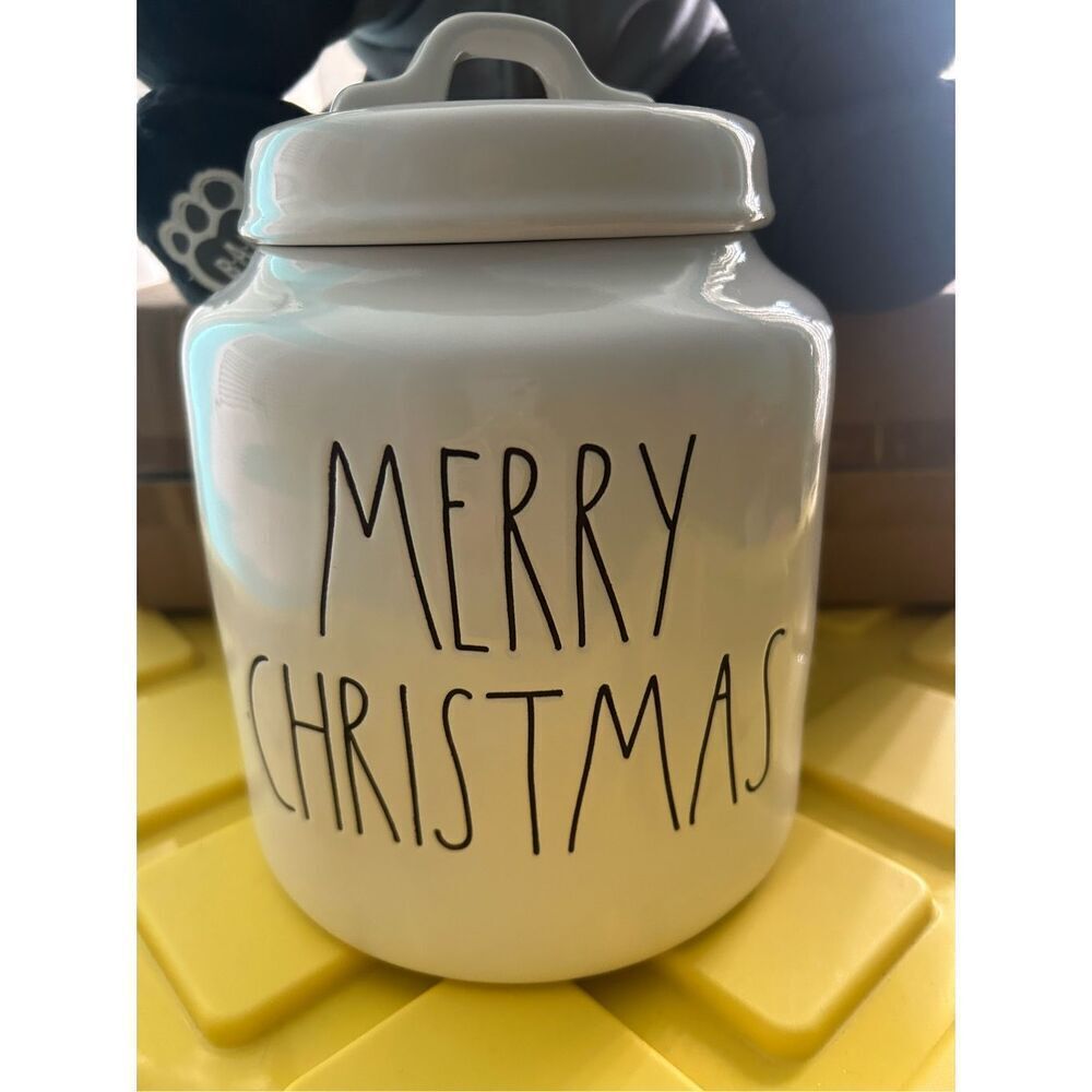Rae Dunn By Magenta MERRY CHRISTMAS White Ceramic LL Canister With Black Letters